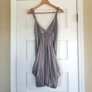 bebe Mini Dress Womens M Silver Metallic Vneck Slinky Balloon Hem